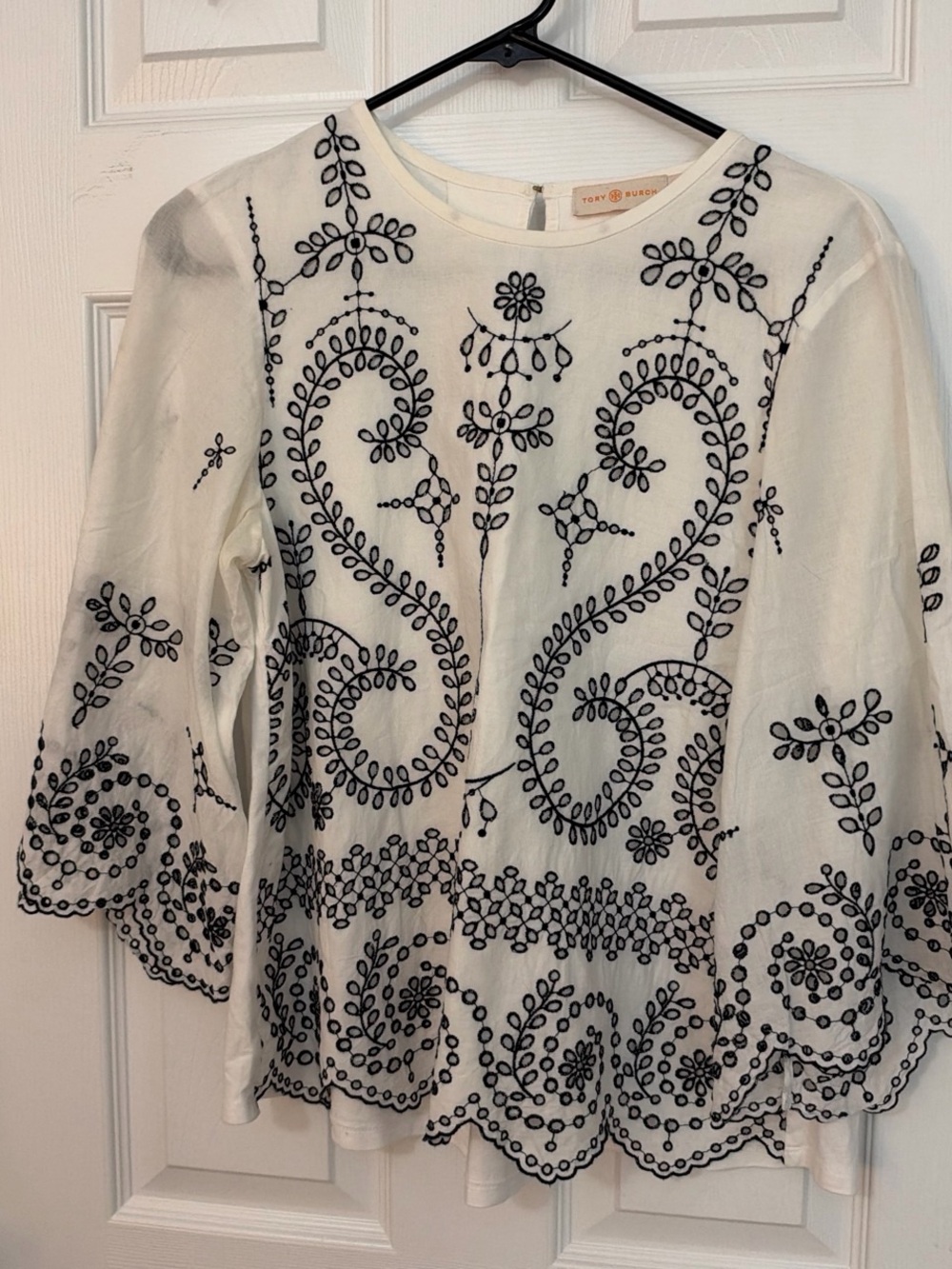 Tory Burch White Cotton Blouse with Black Embroidery